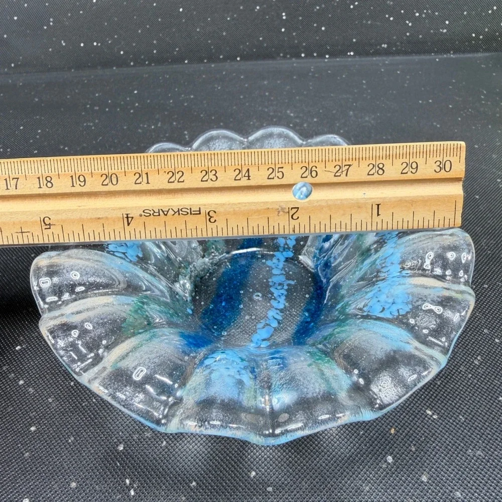 Artisan Fused Glass Scalloped Bowl Blue Teal Striped Coastal Decor Hand Made 5in
